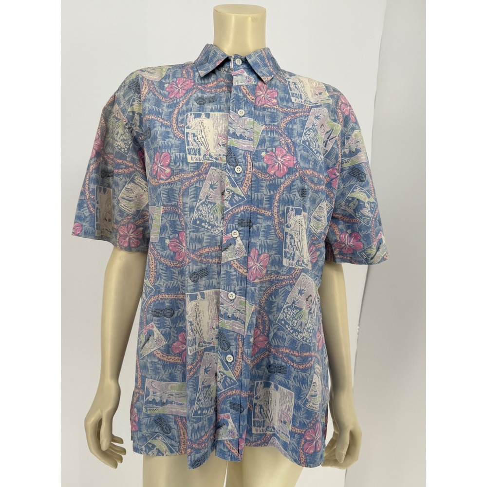 Reyn Spooner Vintage Hawaiian Shirt Mens Large Blue‎ Postcard Hula Hawaii